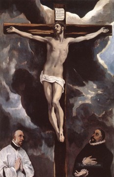 エル・グレコ Painting - 寄付者に崇拝される十字架上のキリスト 1585年 ルネサンス エル・グレコ
